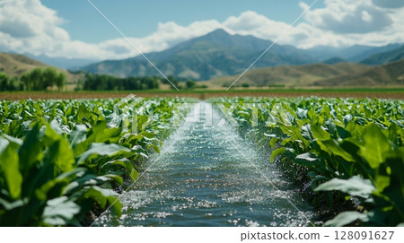 Watering process in agricultural field showcasing healthy rows of crops with clear mountain backdrop under bright sunny sky 128091627