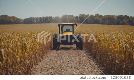 Tractor working in vast cornfield during daytime, showcasing agricultural activity in thriving farmland environment with clear blue sky overhead and trees in background 128091628
