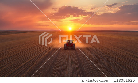 Tractor working diligently on expansive agricultural field during beautiful sunset over horizon showcasing vibrant colors of nature and daily farm activities Tractor working diligently on expansive agricultural field during beautiful sunset over horizon showcasing vibrant colors of nature and daily farm activities 128091629