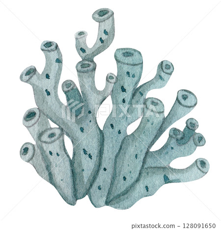 Watercolor green sea coral, ocean algae. Isolated on white background, hand drawn. Marine and underwater flora, marine underwater elements. 128091650