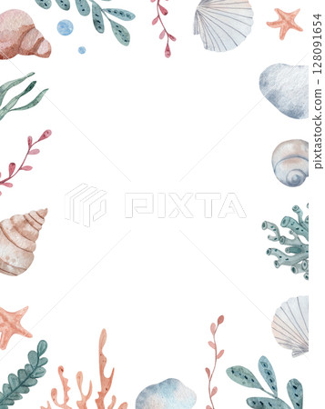 Watercolor rectangular frame with seaweed and seashells on white background. Hand-painted marine border with space for text, perfect for invitations, greeting cards, posters 128091654