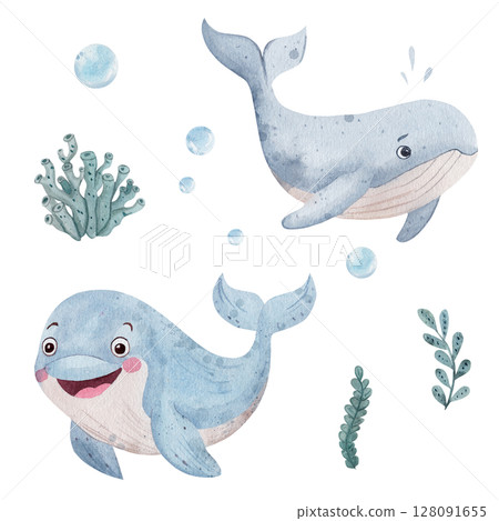 Watercolor set with smiling dolphin, whale, seaweed and water bubbles. Isolated on white background. Cute children's illustration. perfect for kids room decor, prints, cards and invitations. 128091655