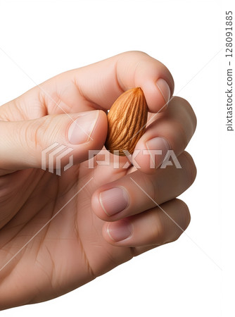 Hand holding single almond nut, healthy snack concept, isolated on transparent background, natural food, nutrition and diet 128091885