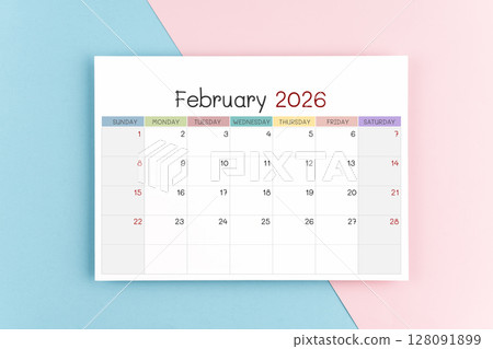 February 2026 calendar page on blue and pink color background. February 2026 calendar page on blue and pink color background. 128091899