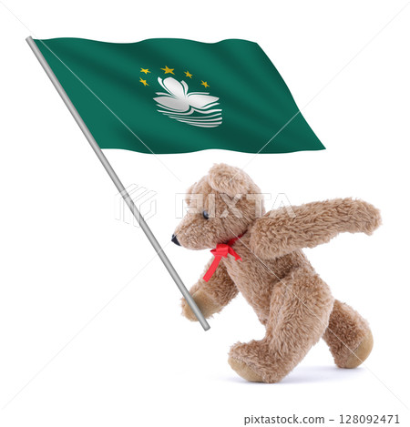 Macao flag being carried by a cute teddy bear 128092471