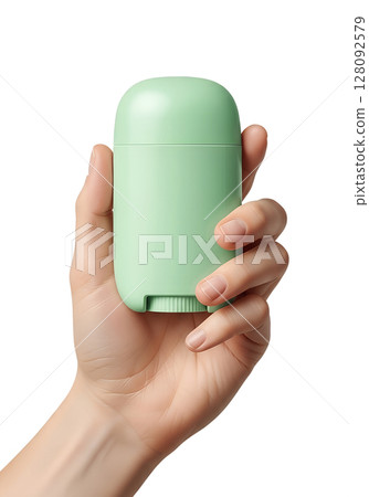 Woman's hand holding pastel green antiperspirant deodorant container, hygiene and personal care product, isolated on transparent background, natural cosmetic Woman's hand holding pastel green antiperspirant deodorant container, hygiene and personal care product, isolated on transparent background, natural cosmetic 128092579