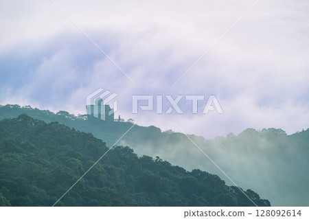 Misty Morning View of Radar Station on Shilin New Taipei Taiwan Mountains. 128092614