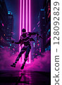 Futuristic dancer performing in glowing neon metaverse city 128092829