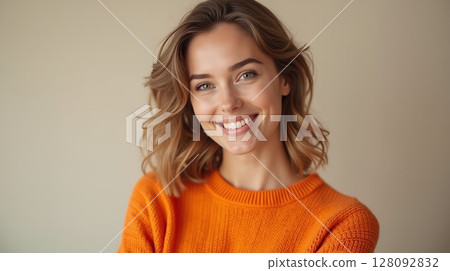 Smiling young woman with wavy hair wearing orange sweater is posing in studio 128092832