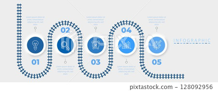Five step infographic with road path and timeline map for process diagram with icon. Includes line element for business flow and creative milestone vector design with modern layout or pointer. Five step infographic with road path and timeline map for process diagram with icon. Includes line element for business flow and creative milestone vector design with modern layout or pointer. 128092956