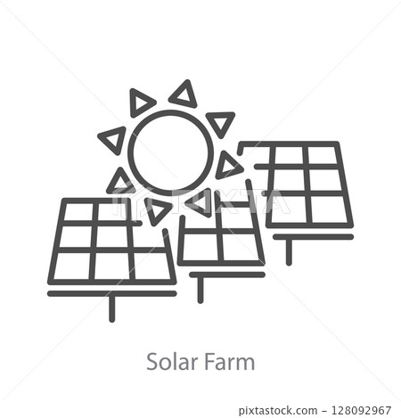 Solar farm icon for renewable energy systems. Vector line art with sun and power panels, or cells, for green electricity. 128092967