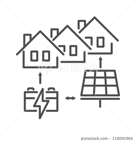 Energy grid icon for smart power technology and electric solutions. This environment network, or microgrid, provides energy to homes by its design. 128092968