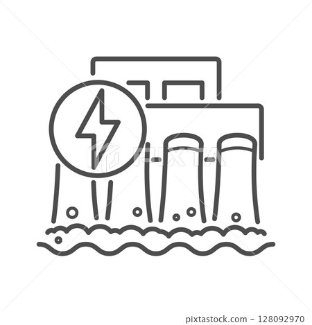 Hydroelectric dam icon for water power and hydro energy. This station with a reservoir generates electricity by flow and through turbines. Vector. Hydroelectric dam icon for water power and hydro energy. This station with a reservoir generates electricity by flow and through turbines. Vector. 128092970
