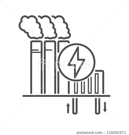 Power plant icon for clean energy and generator functions. An electric station with geothermal or earth elements uses turbines to provide renewable power. 128092971