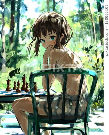 Young woman comics style playing chess outdoors in cool summer 128093103