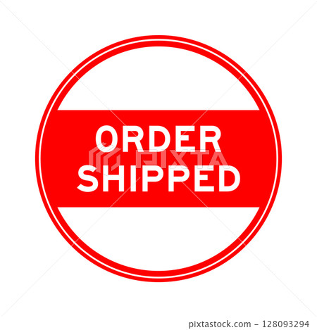 Red color round seal sticker in word order shipped on white background 128093294