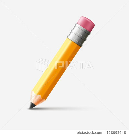 Volumetric 3D yellow wooden pencil with eraser. 128093648