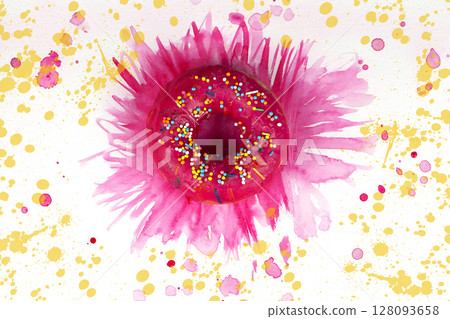 Creative sweet food. Glazed colorful donut on a bright watercolor painted background. 128093658