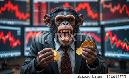 Aggressive Monkey Trader Holding Crypto Coins Amidst Market Volatility 128093755