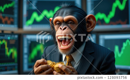 Triumphant Monkey Businessman Holding Gold Coins with Market Graphs 128093756