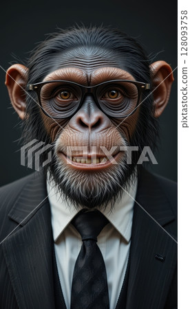 Intelligent Chimpanzee in Business Suit and Eyeglasses Portrait 128093758