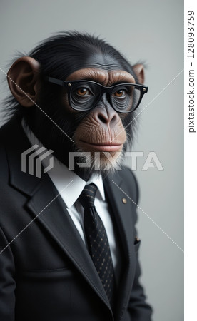Thoughtful Chimpanzee Executive Wearing Business Suit and Glasses Thoughtful Chimpanzee Executive Wearing Business Suit and Glasses 128093759