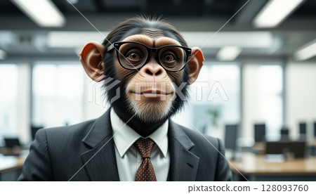 Professional Chimpanzee Executive in Modern Office Environment Portrait 128093760