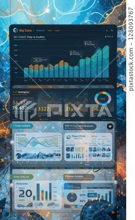 Futuristic Business Intelligence Dashboard with Financial Data Visualization Futuristic Business Intelligence Dashboard with Financial Data Visualization 128093767