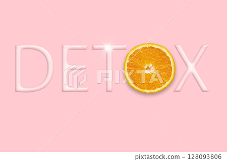 Body detoxification and healthy eating concept. Yellow natural orange in the word DETOX from letters on a pink background. Body detoxification and healthy eating concept. Yellow natural orange in the word DETOX from letters on a pink background. 128093806