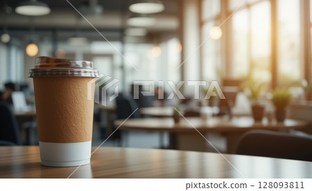 Disposable Coffee Cup in Sunny Modern Office 128093811