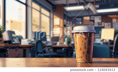 Cartoon Style Coffee Cup in Busy Office 128093813