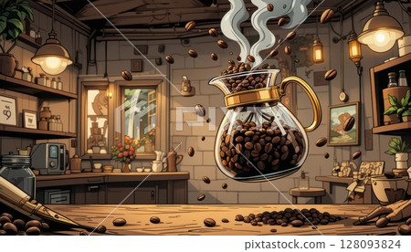 Levitating Coffee Pot with Steaming Beans in Cafe 128093824