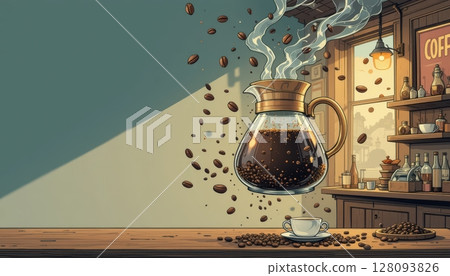 Levitating Steaming Coffee Pot with Falling Beans 128093826