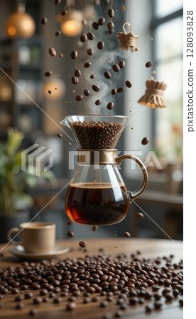 Levitating Pour-Over Coffee Maker with Steaming Beans Levitating Pour-Over Coffee Maker with Steaming Beans 128093828