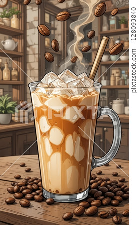 Iced Caramel Latte Delight in a Bustling Coffee Shop 128093840
