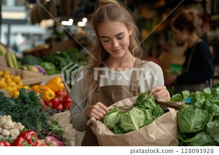 A woman shopping sustainable groceries in a local organic market A woman shopping sustainable groceries in a local organic market 128093928
