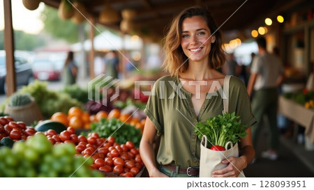 A woman shopping sustainable groceries in a local organic market A woman shopping sustainable groceries in a local organic market 128093951