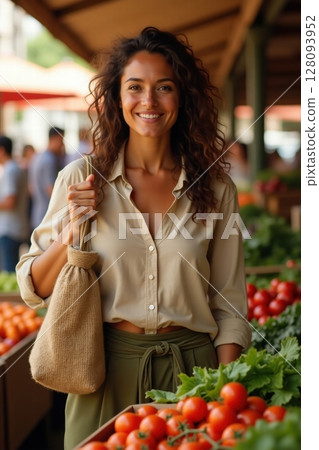 A woman shopping sustainable groceries in a local organic market A woman shopping sustainable groceries in a local organic market 128093952