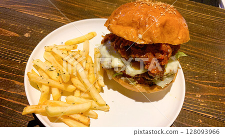 Premium burger and fries Premium burger and fries 128093966