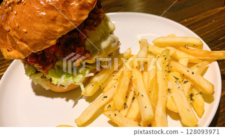 Premium burger and fries Premium burger and fries 128093971