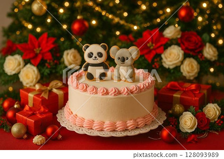 熊貓和無尾熊餅乾和蛋糕聖誕節展示 128093989