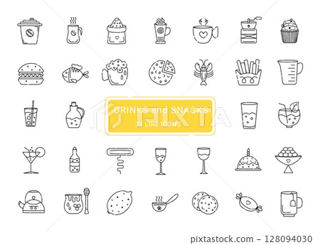 Drinks and snacks, 32 line vector icons Drinks and snacks, 32 line vector icons 128094030