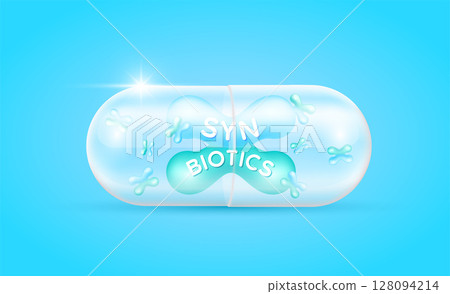 Synbiotic blue green in translucent capsule. Good bacterial flora for stomach and intestine. Biology lactobacillus. Health care immunity support. Healthy nutrition. Vector. 128094214