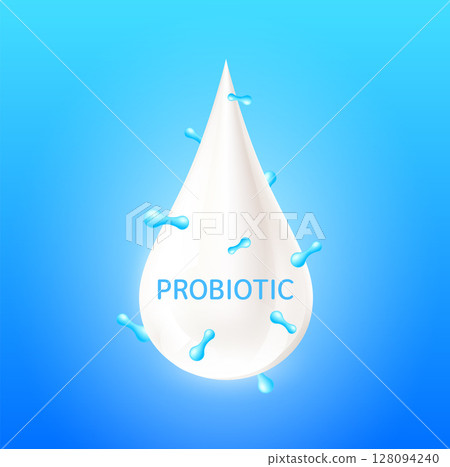 Probiotic in milk droplets. Protein containing essential amino acids for infant. Design products kids food. Medical concepts. 3D Vector. Probiotic in milk droplets. Protein containing essential amino acids for infant. Design products kids food. Medical concepts. 3D Vector. 128094240