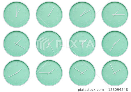 Collection of mint green wall clocks with white numbers and hands, each showing a different time 01:00 to 01:55 or 13:00 to 13:55. Perfect for concepts related to time, routine, or scheduling in Collection of mint green wall clocks with white numbers and hands, each showing a different time 01:00 to 01:55 or 13:00 to 13:55. Perfect for concepts related to time, routine, or scheduling in 128094248