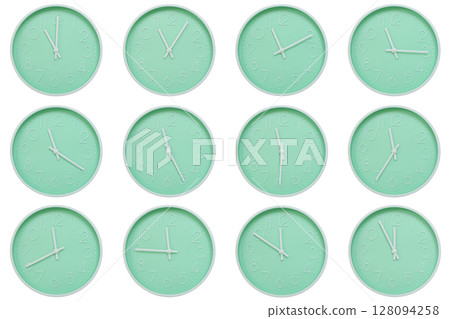 Collection of mint green wall clocks with white numbers and hands, each showing a different time 11:00 to 11:55 or 23:00 to 23:55. Perfect for concepts related to time, routine, or scheduling in Collection of mint green wall clocks with white numbers and hands, each showing a different time 11:00 to 11:55 or 23:00 to 23:55. Perfect for concepts related to time, routine, or scheduling in 128094258