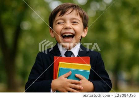 Laughing Schoolboy Holding Textbooks with Joyful Expression 128094356