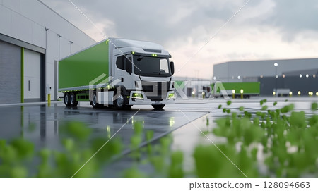 sustainable logistics with electric trucks and green warehouse, 3D render, 128094663