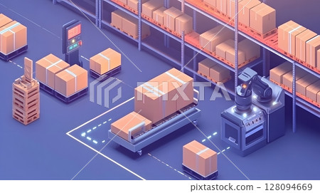 package sorting system with robots in warehouse, 3D infographic style, 128094669