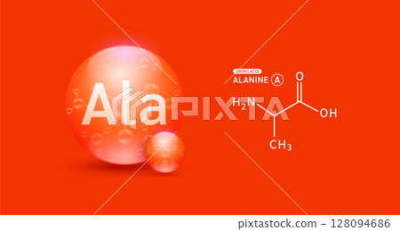 Alanine amino acid red and chemical formula structural. Biomolecules that combine to form proteins nutrients necessary for health muscle. For dietary supplements ads. Medical scientific. Vector. 128094686